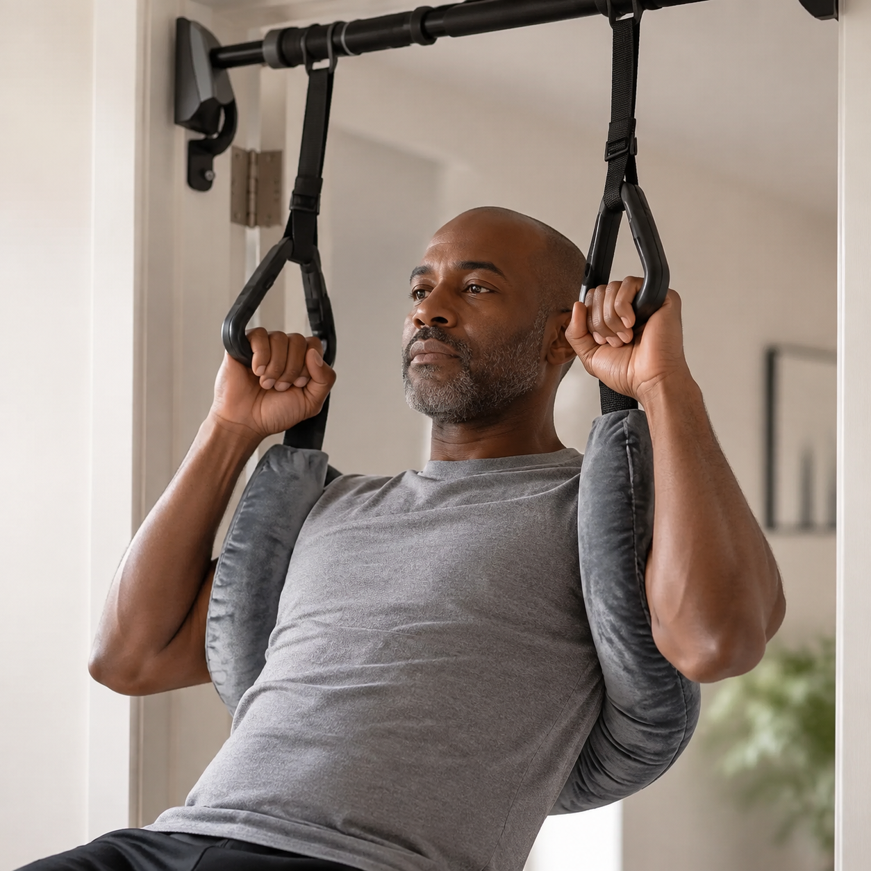 LumbarLift used in a controlled hanging-stretch position at home