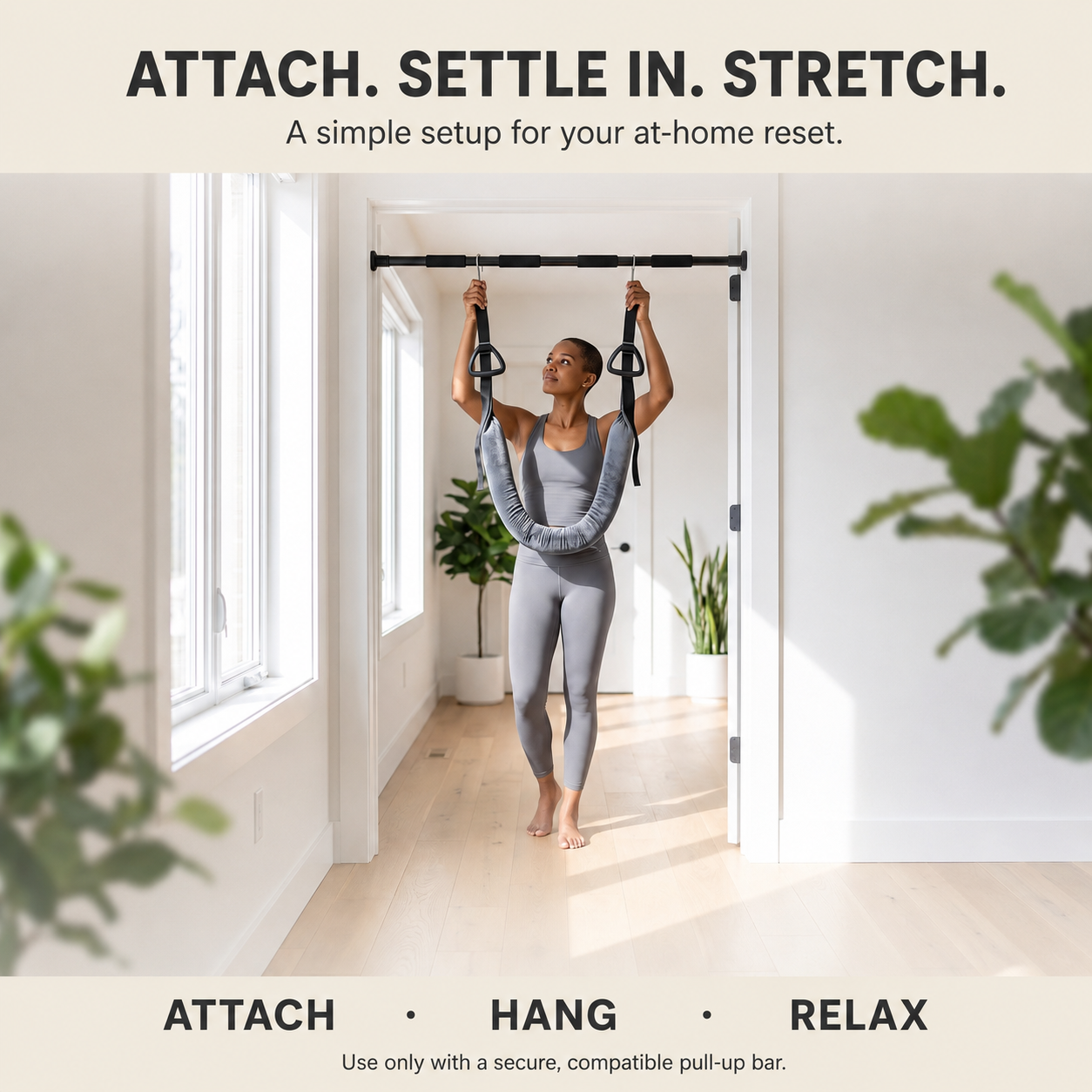 LumbarLift setup shown on a secure compatible pull-up bar